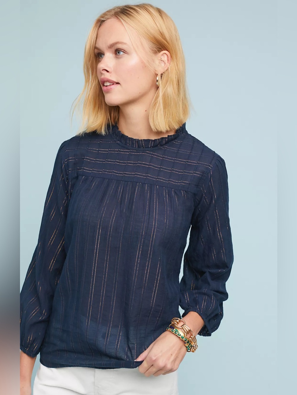 Anthropologie Maeve Reston Blouse Small Navy Gold Metallic Striped Chic Feminine